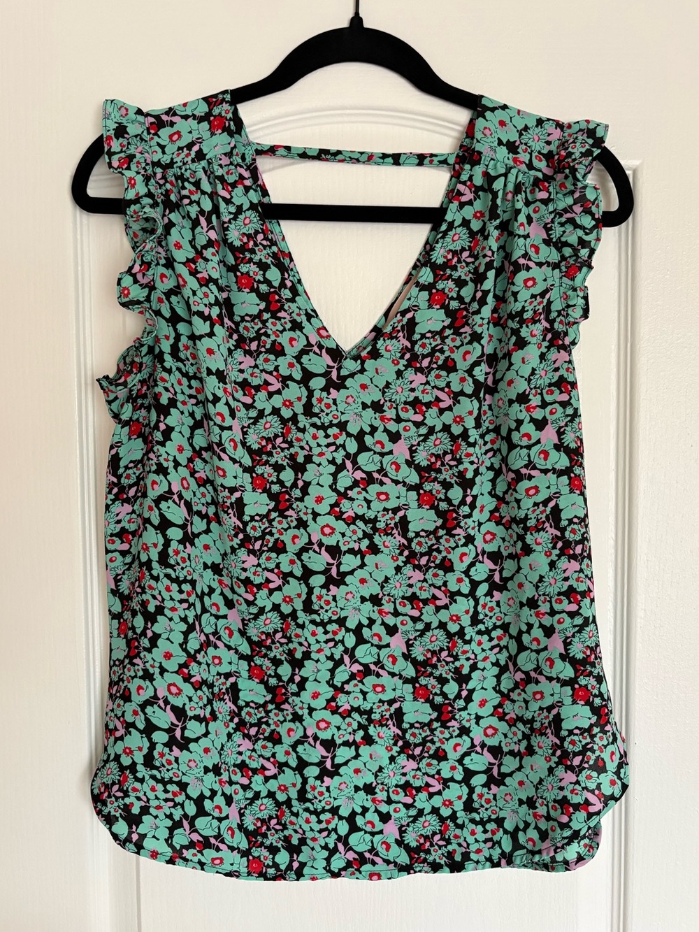Women’s Floral V-Neck Ruffle Sleeve Top - Mint Multi